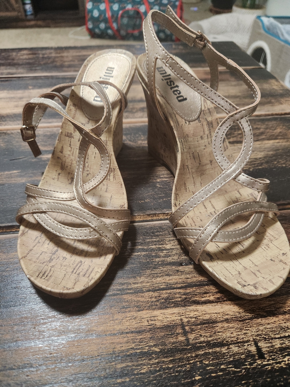 Unlisted Metallic Beige Cork Wedge Sandals with Ankle Strap